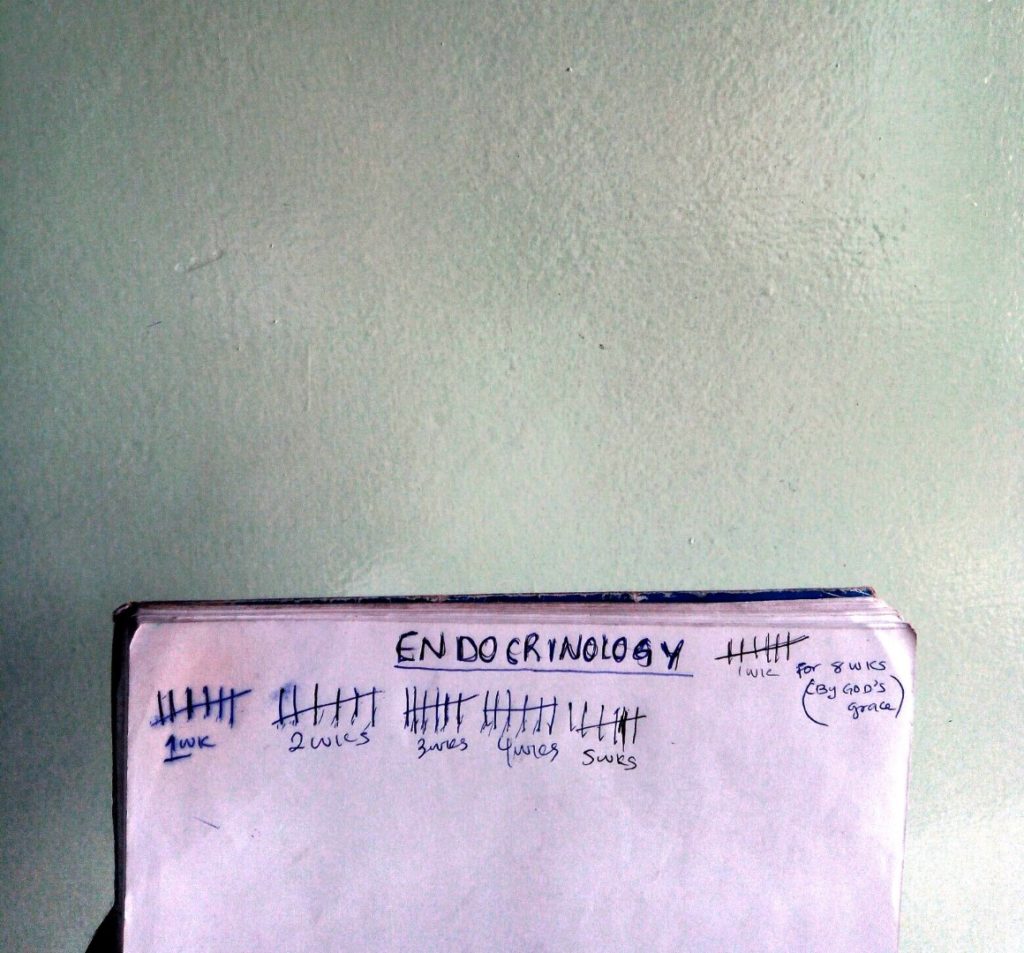 Housemanship In Nigeria (LUTH) Chronicles, Notebook showing handwritten tally countdown to end of endocrinology posting