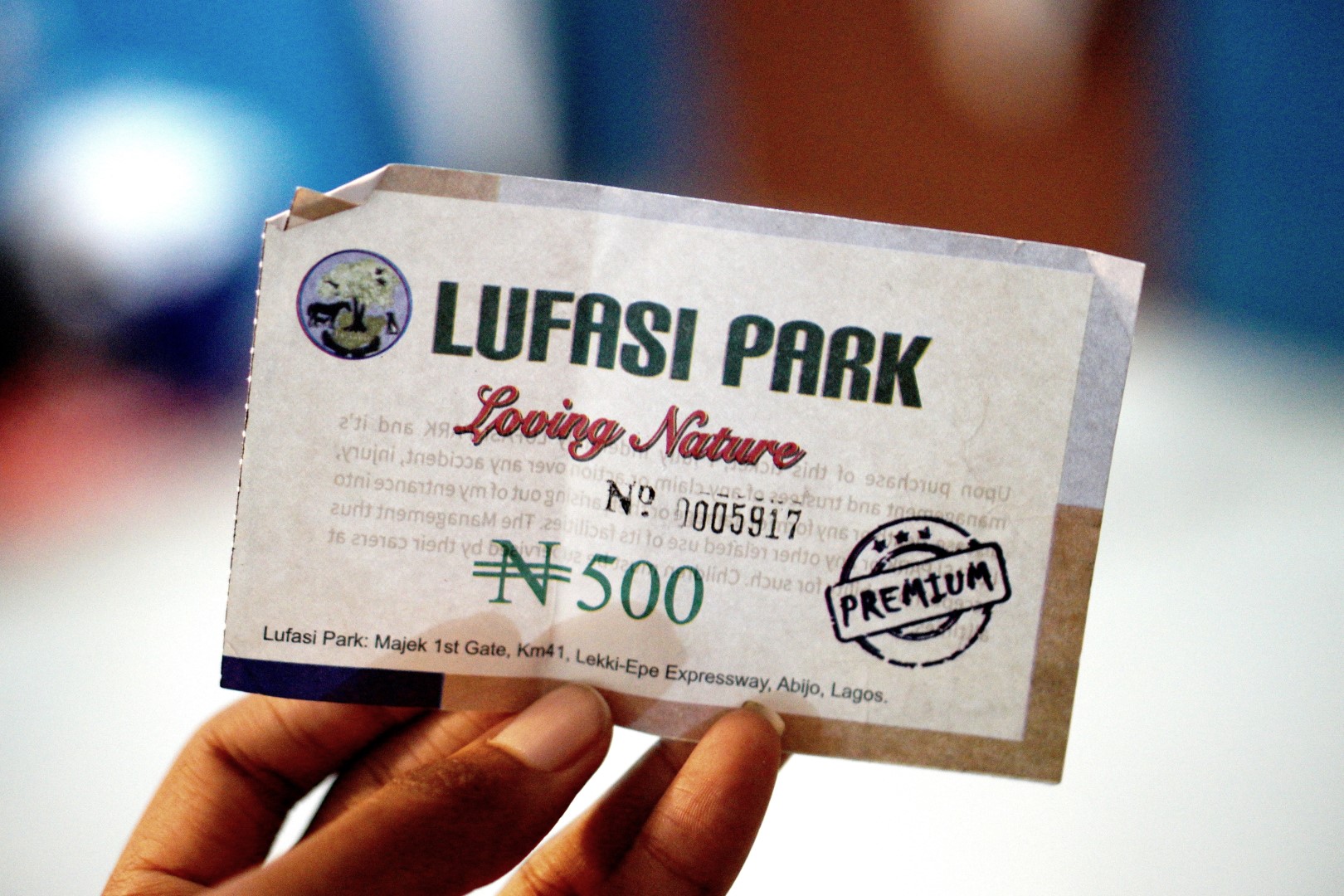 Entrance fee ticket to the lufasi nature park in lagos