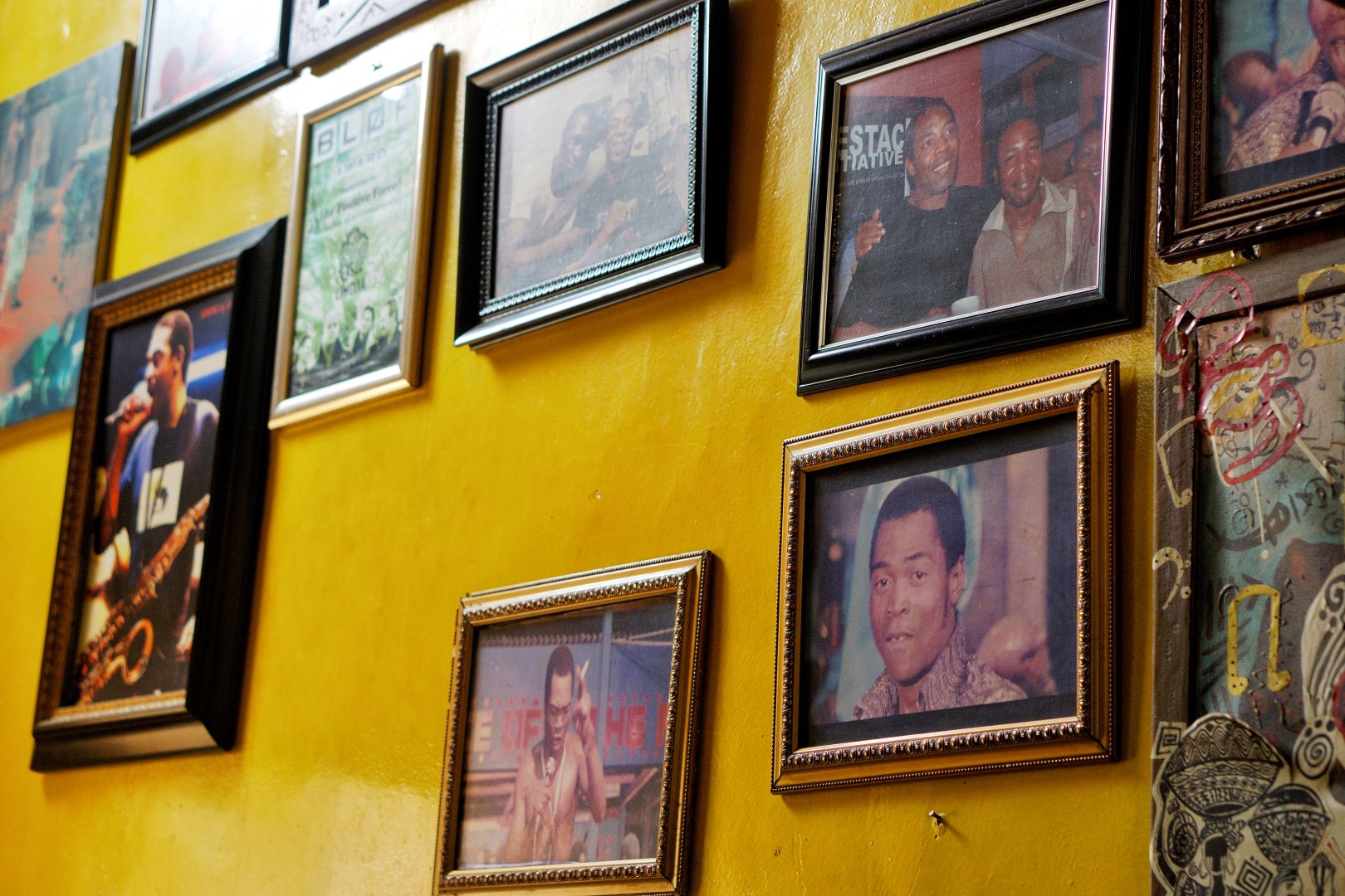 the picture wall at fela's shrine in ikeja lagos