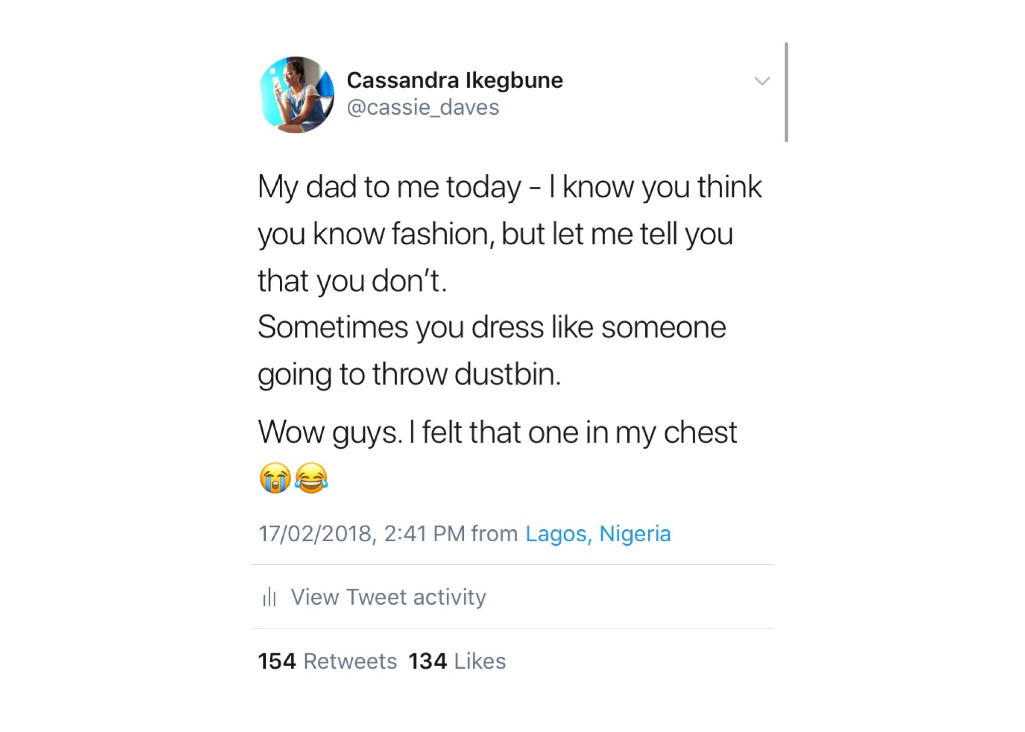 Screenshot of a tweet by Nigerian fashion blogger cassie daves