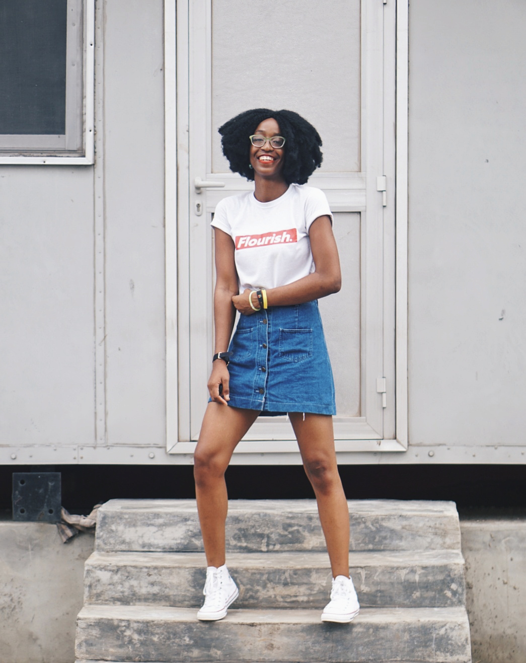 Cassie Daves tees in white and denim mini skirt 