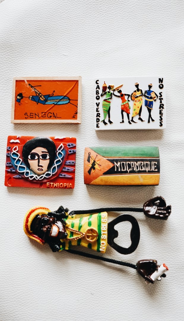 Flat lay picture of fridge magnets from traveling across Africa 