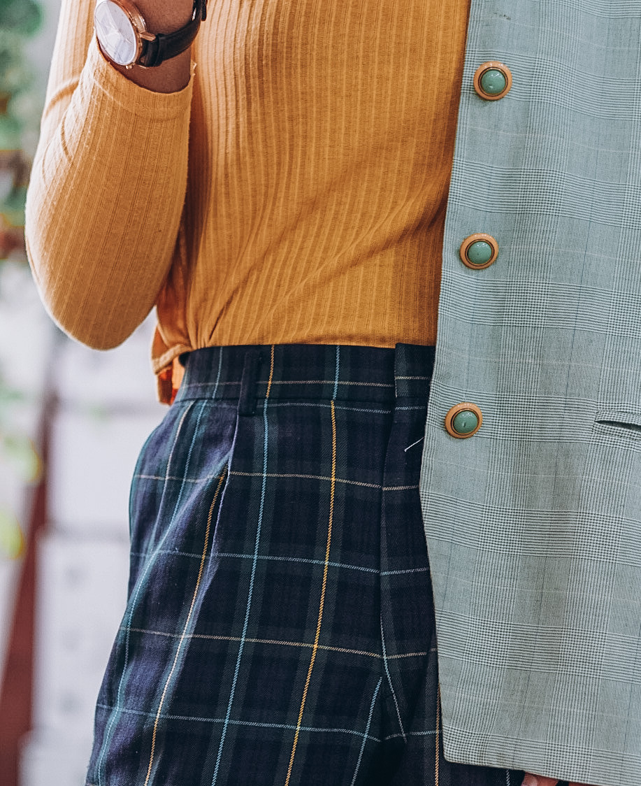 Wearing plaid oversized blazer,  turtle neck and plaid cropped pants