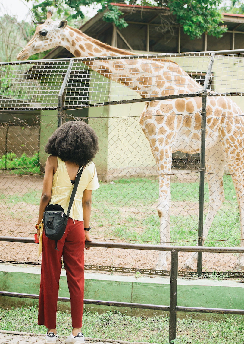 Blogger Cassie Daves at University of Ibadan zoo posing with a giraffe